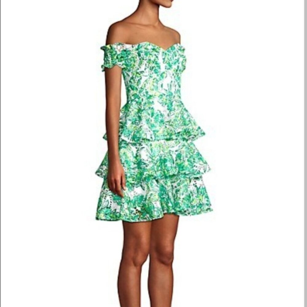 LILLY PULITZER Green Eyelet Cicely Off Shoulder Tiered Ruffle‎ Party Mini Dress